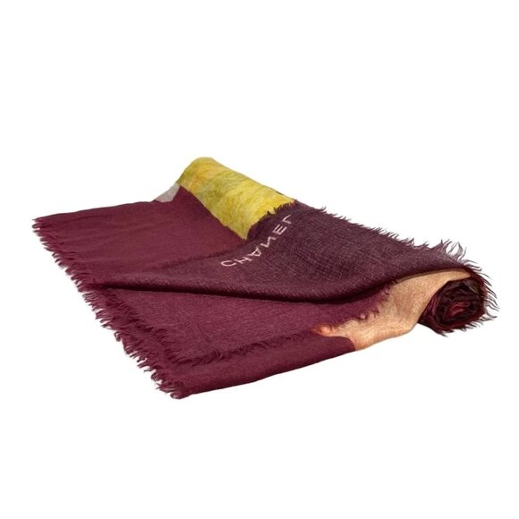 CHANEL - Bordeaux Light Brown Multi Cashmere Silk Scarf 366-082325 - Picture 2 of 7